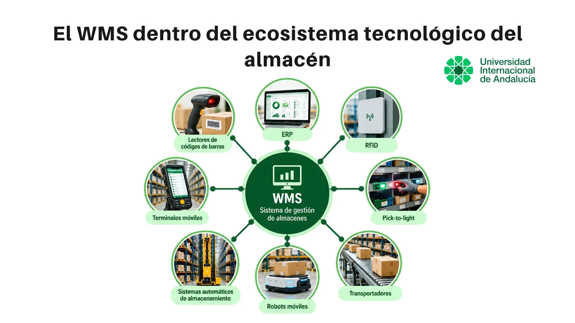 Esquema de un sistema WMS conectado con ERP, dispositivos de identificación y tecnologías de automatización de almacenes