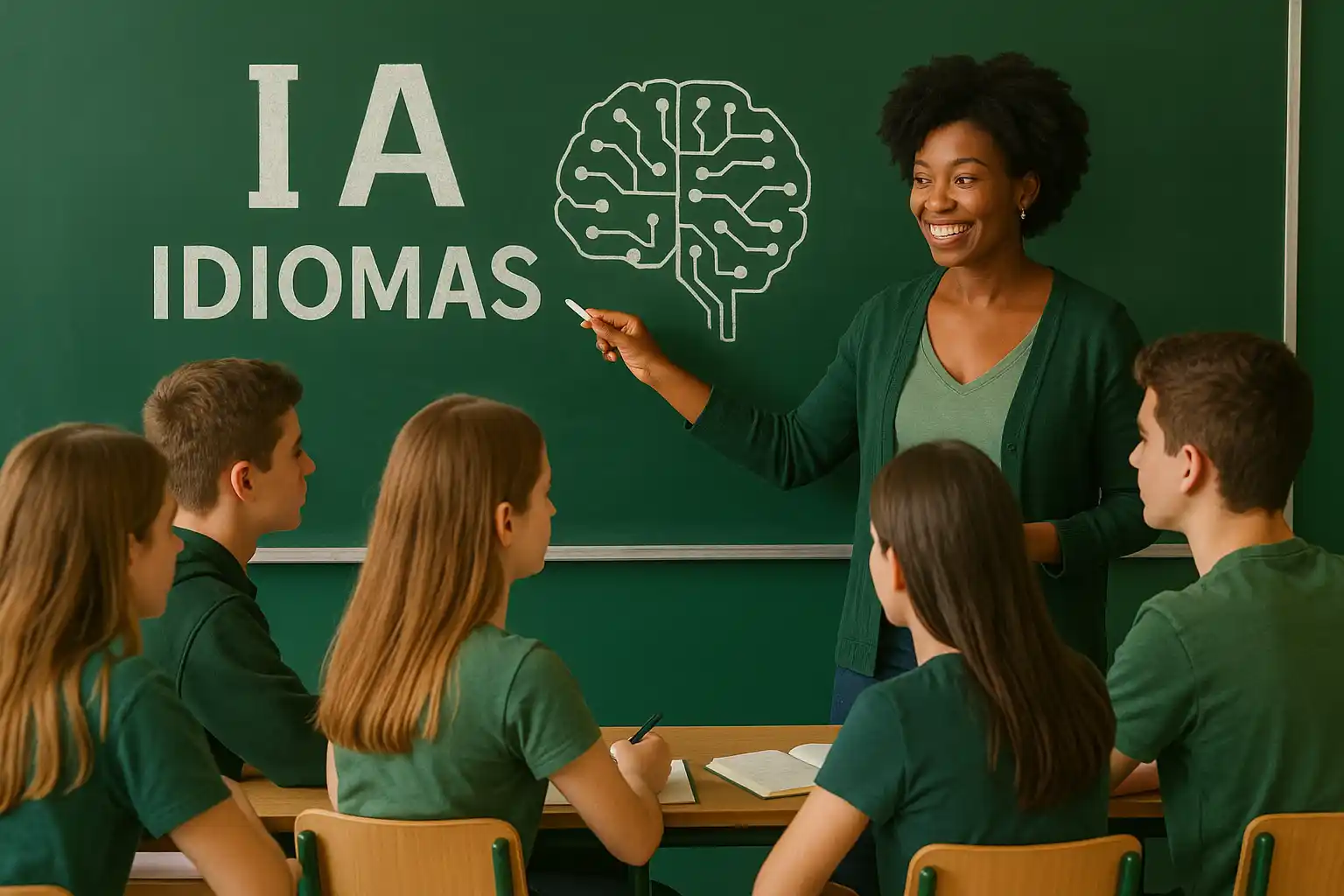 Profesora de bachillerato enseñando a sus alumnos idiomas utilizando inteligencia arrtificial como herramienta de enseñanza en el aula.