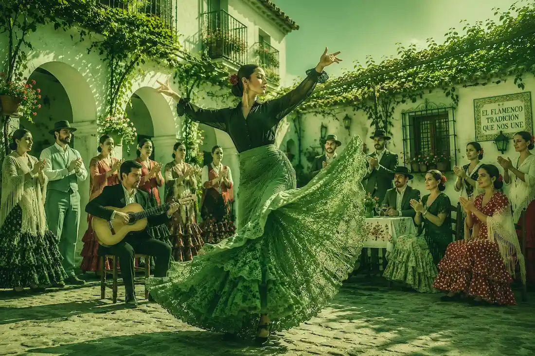Representación del flamenco como tradición cultural andaluza, con bailaora, guitarrista y público en un patio andaluz.