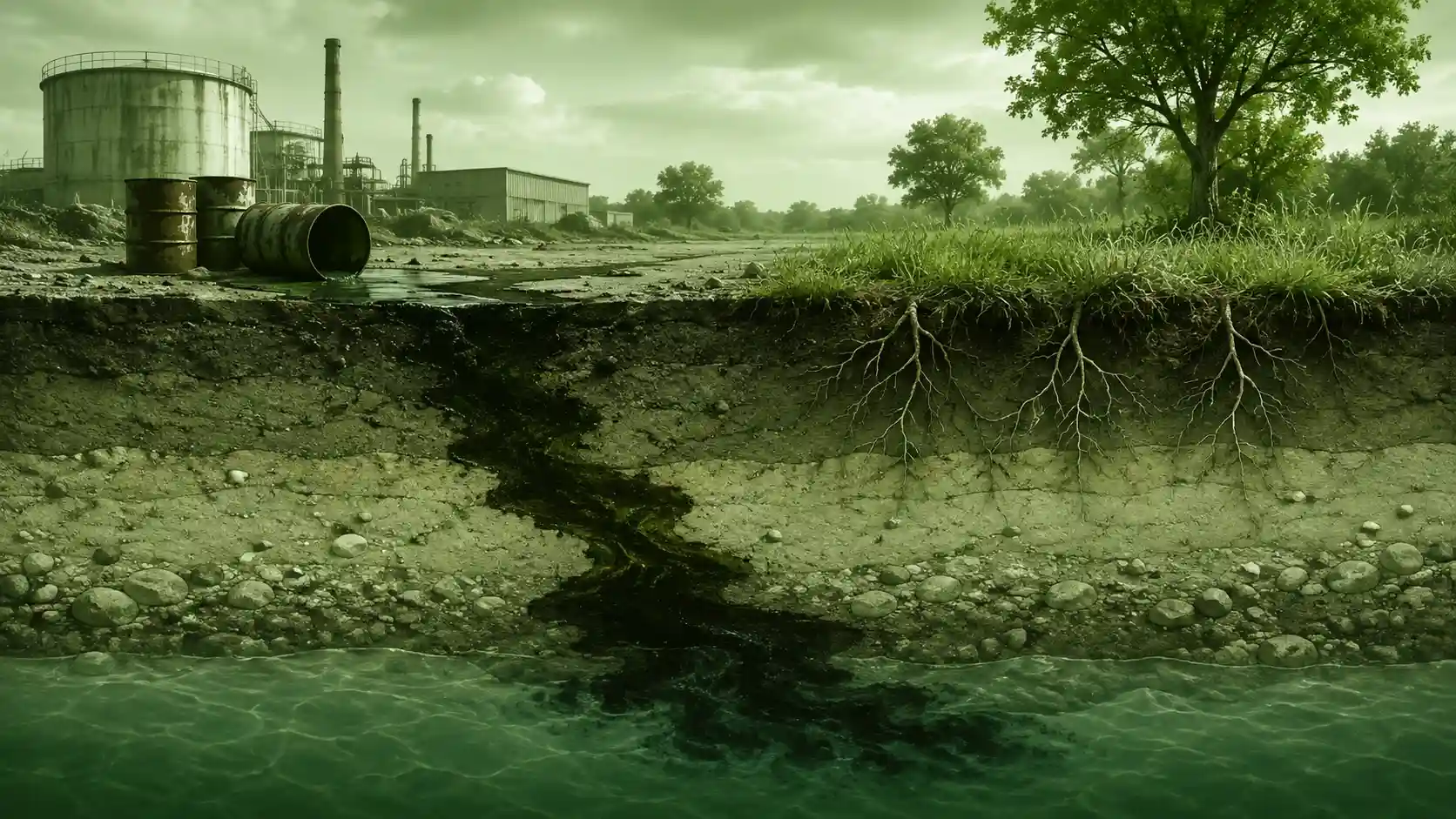 Suelo contaminado junto a una zona industrial, con filtración de contaminantes hacia las capas profundas y las aguas subterráneas
