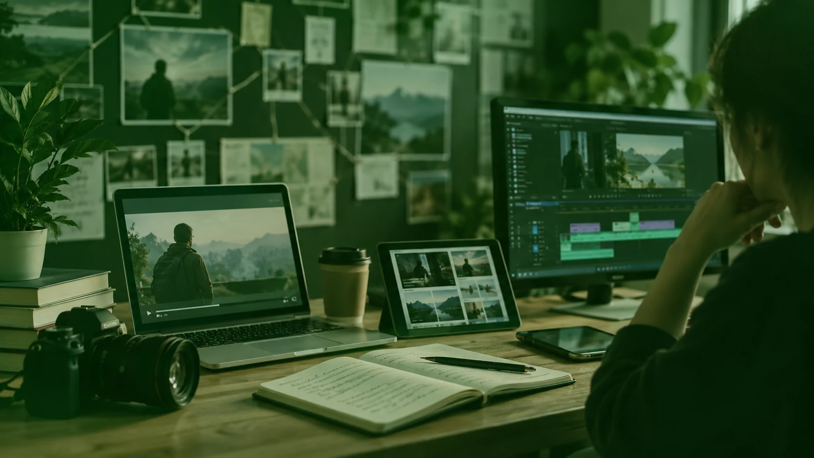 Profesional trabajando con contenidos audiovisuales y digitales en distintos dispositivos para desarrollar una narrativa transmedia