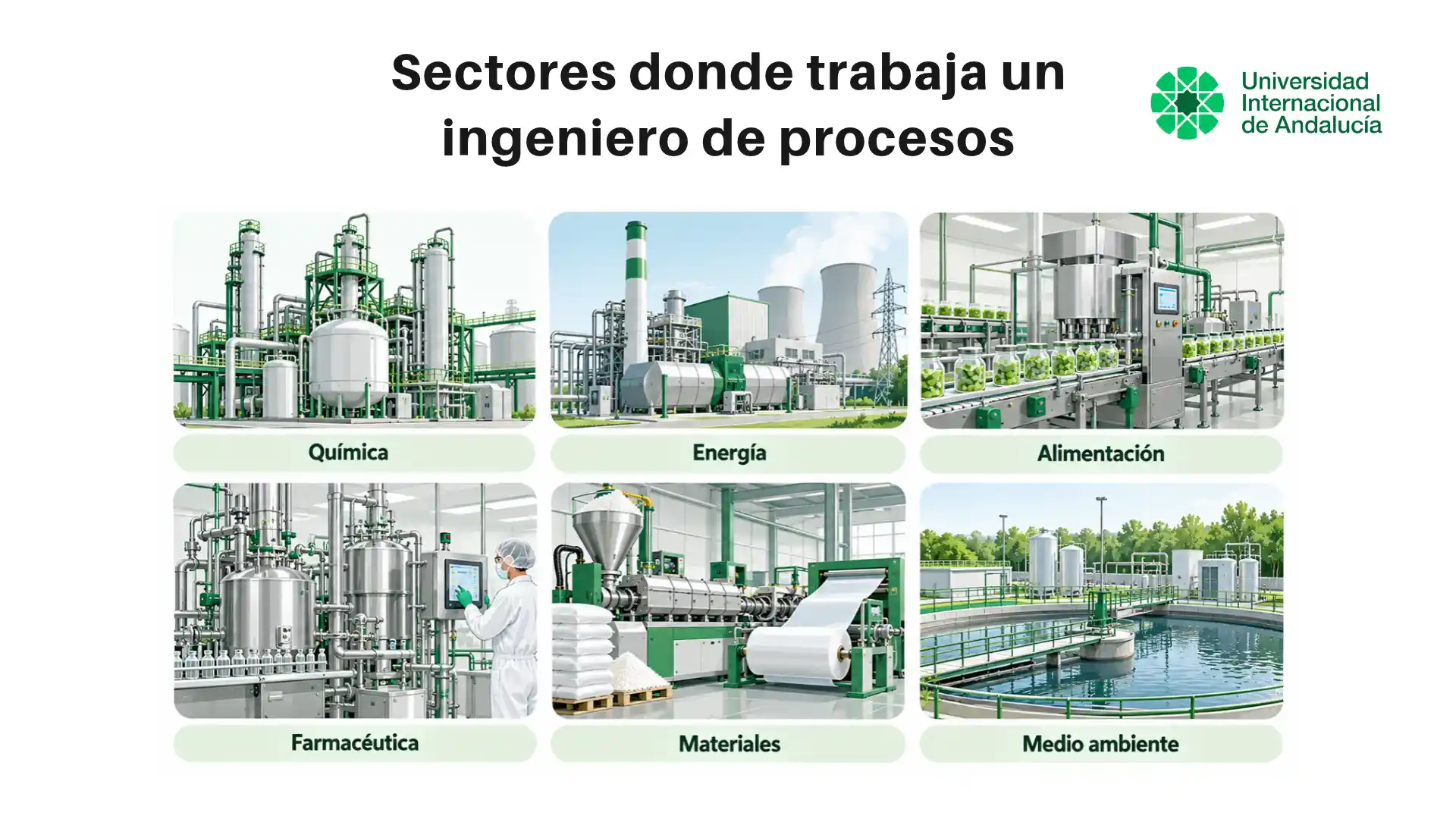 Sectores industriales en los que trabaja un ingeniero de procesos: química, energía, alimentación, farmacia, materiales y medio ambiente