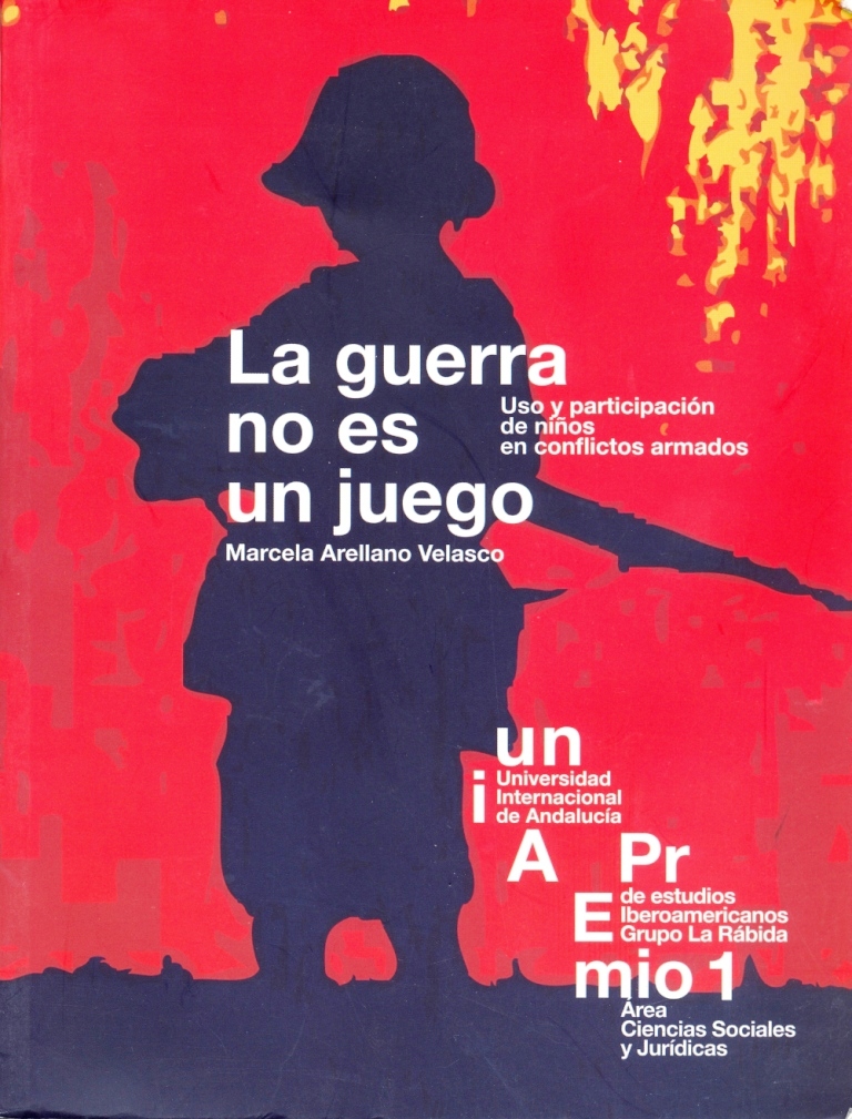 En portada, silueta de un niño armado con un fusil en negro, sobre fondo rojo.