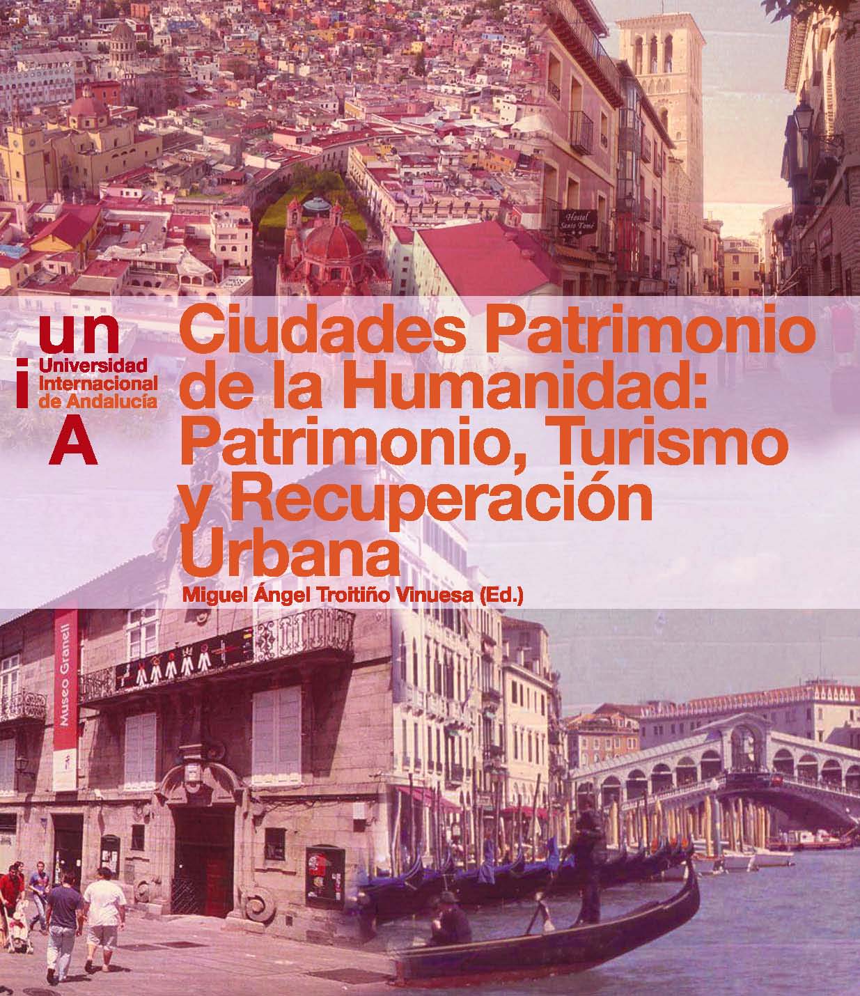 Ilustración de cubierta, cuatro imágenes con vistas de distintas ciudades: Toledo, Venecia, Guanajuato (México) y Santiago de Compostela.