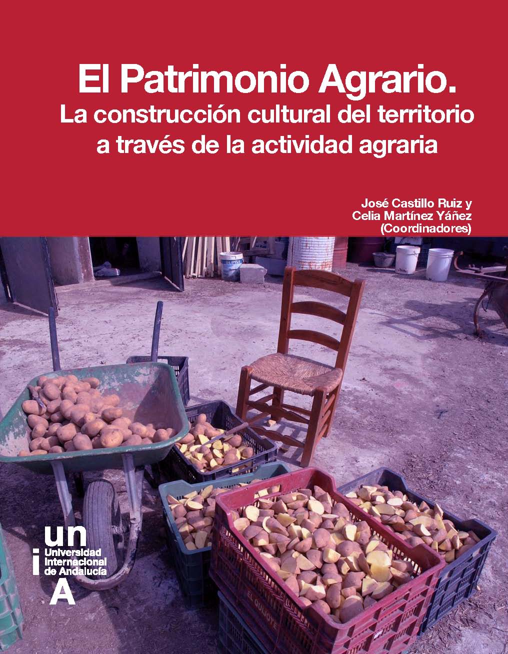 Fotografía de cubierta imagen de una silla, una carretira y unas cajas de patatas preparadas para su siembra
