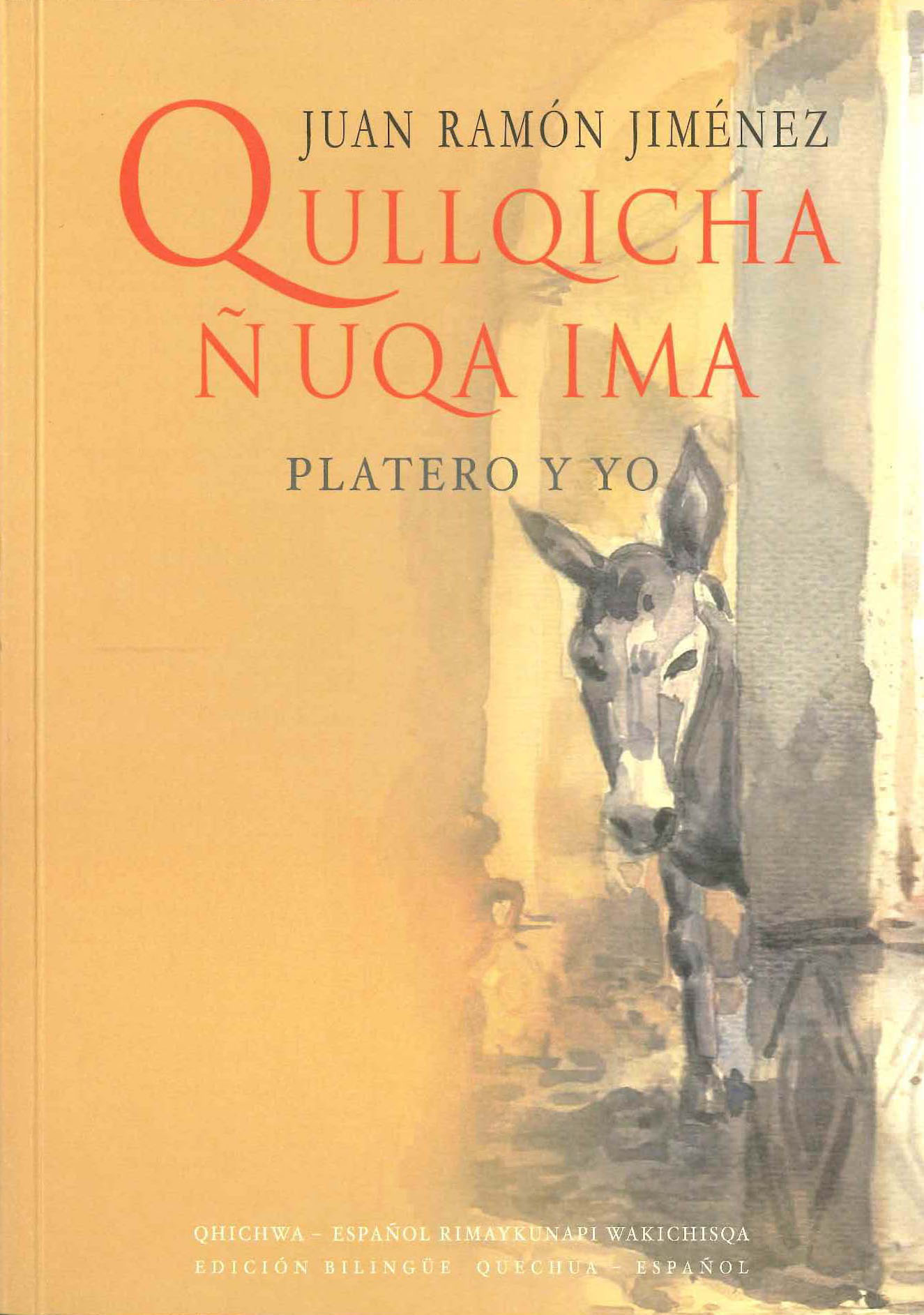 En la cubierta aparece la lilueta, en tonos pastel, del burrito Platero que asoma destrás de una columna